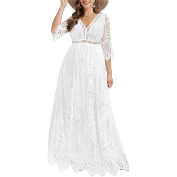 Plus Size Wedding Dress Boho - Maxi Bridal Shower Bohemian Formal Lace Long - Picture 6 of 6